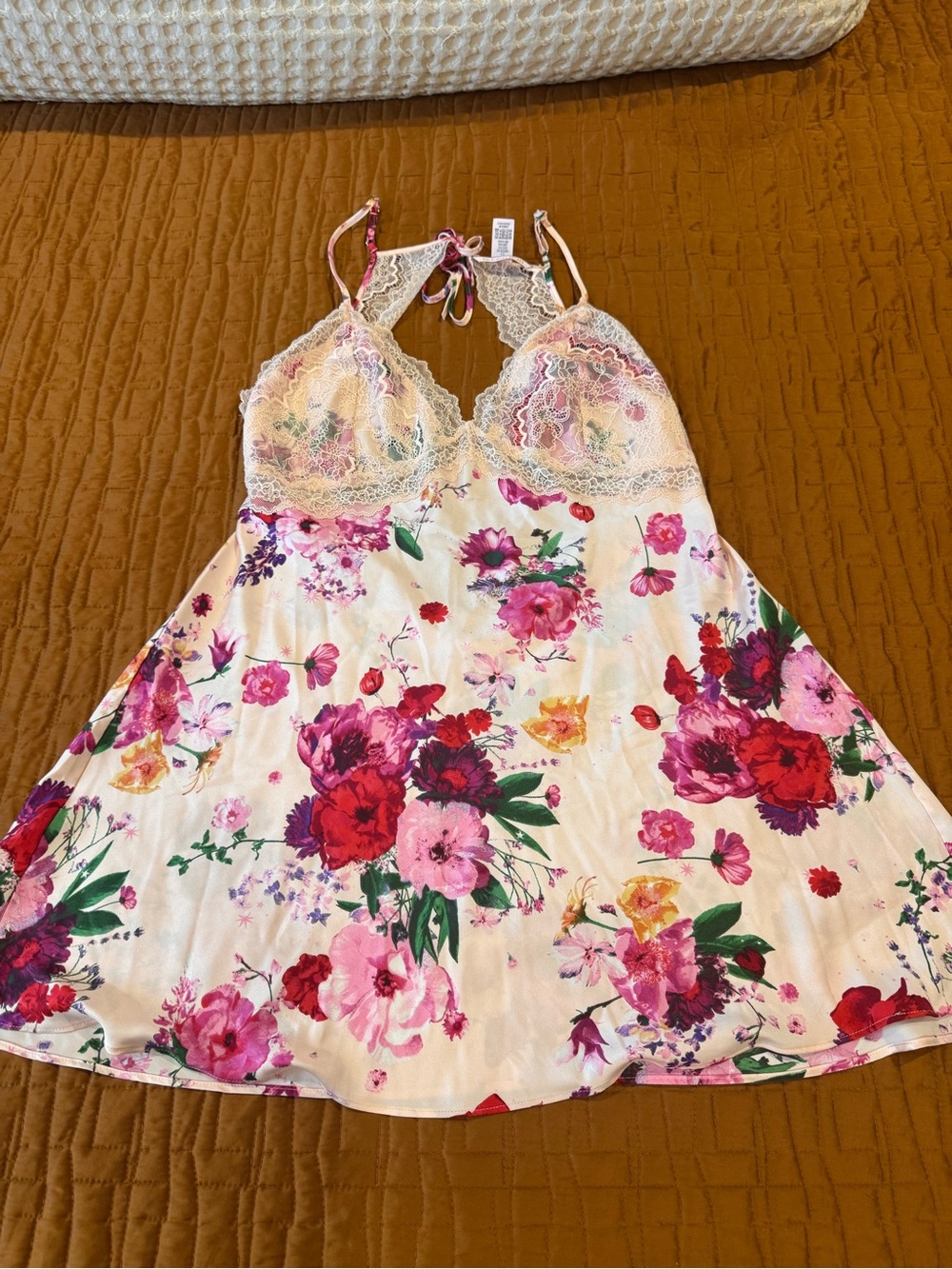 Victoria's Secret Cream Floral Lace-Trim Chemise with Pink & Red Blooms